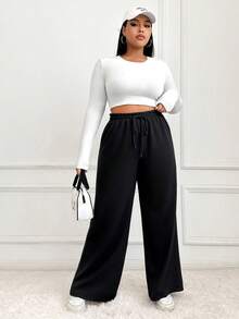 SHEIN EZwear Pantalones de chándal rectos, sueltos y casuales de cintura elástica con cordón, talla grande y unicolor - Negro - Ver 4