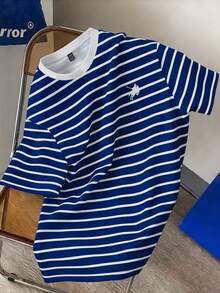 Manfinity Joysei 蓝白条纹，航海风，休闲美式，经典小马标志男士圆领短袖T恤 - 彩色 - 查看 3