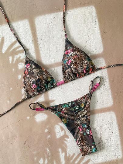 Swim Mod Women's Leopard Print Random Beaded Necklace Bikini Set, Spring/Summer