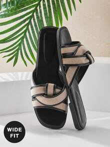 SHUZIA 女士宽楦简约休闲舒适交叉平底凉鞋 - 黑色 - 查看 1