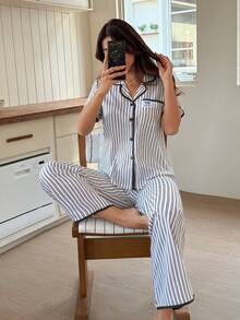 Napfluff 新款条纹短袖长裤女士睡衣套装 - 黑與白 - 查看 5