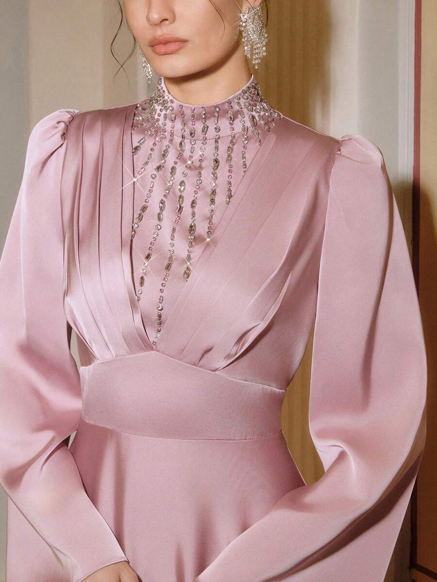 Anewsta Novo Vestido Elegante Feminino com Decoração de Pérolas Plissadas Rosa Lótus em Linha A, Chique, Casamento, Festa, Visual de Ano Novo, Luxo, Vestido de Festa, Rosa, Dia dos Namorados, Primavera - Rosa chiclete - Visão 1