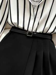 SHEIN Clasi Plus Size Casual Commuter Striped Shirt & Pleated Skirt Set - Black and White - View 3