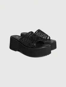 Sugerpunk Women's Black Hollow-Out Fashion Platform Wedge Slide Sandals - Black - View 1