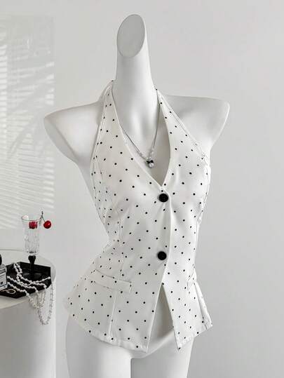 Sweetra Elegant French Style Halter Neck Design Polka Dot Fabric Commuter Chic Sexy Lady Blazer, Spring/Summer Fashion New
