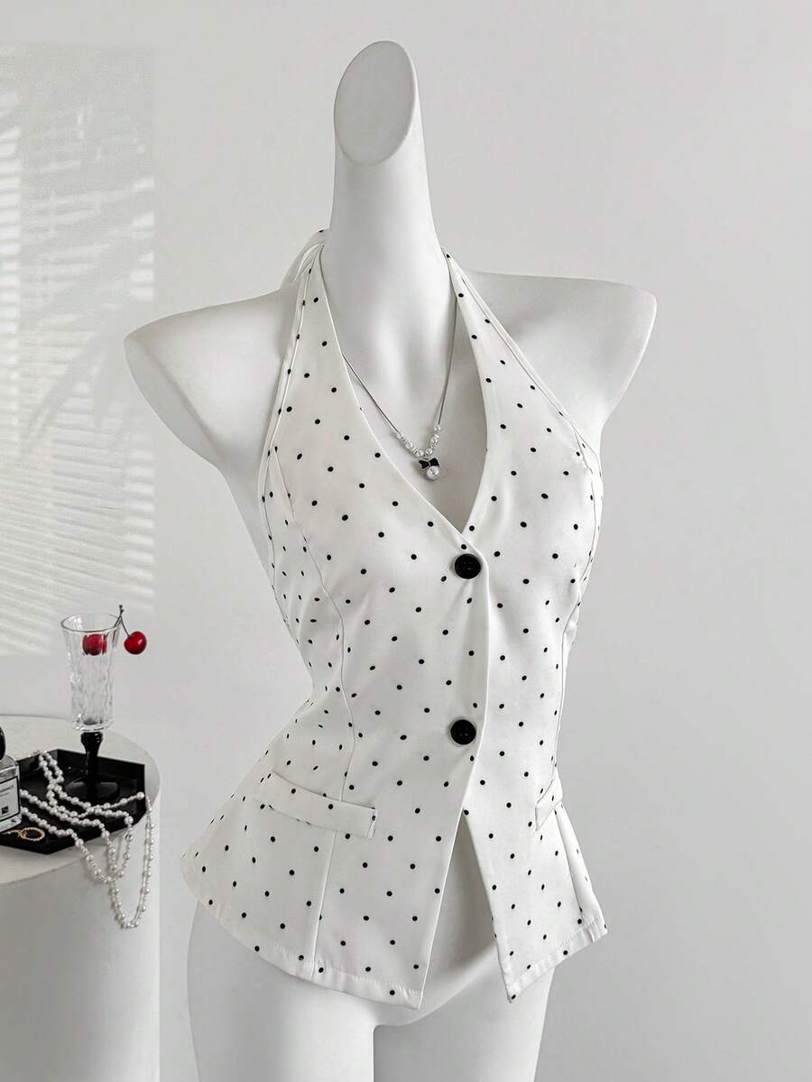 Sweetra Elegant French Style Halter Neck Design Polka Dot Fabric Commuter Chic Sexy Lady Blazer, Spring/Summer Fashion New - Black and White - View 1