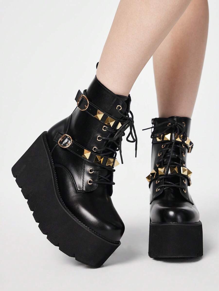 ROMWE Grunge Punk Women Ankle Boots & Booties Valentine's Day - Black - View 1
