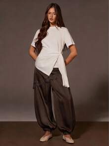 Athîral Women's Casual 2 In 1 Solid Color Lace Patchwork Lantern Pants - Brown - View 3