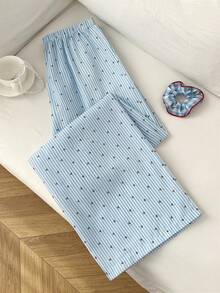 Elamini 女士低腰条纹樱桃印花休闲阔腿裤，学院风，可爱甜美，适合度假穿着 - 藍色 - 查看 2