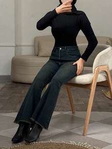 DAZY Quần jeans ống loe nữ kiểu Hàn Quốc có túi cài nút, đa năng, thích hợp mặc hàng ngày. - Màu xanh lam - Xem 5