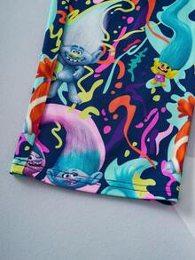 SHEIN Trolls 2pcs/Set Young Girl Casual Cartoon Letter Print Round Neck Short Sleeve Top And Pants Comfortable Pajama Set - متعدد الألوان - مشاهدة 10