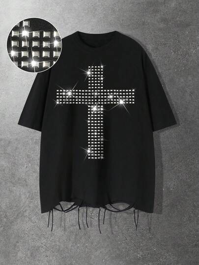 ROMWE MEN Men's Casual Loose Fit Black T-Shirt With Cross & Rivet Pattern, Suitable For Daily Wear & Commuting, Summer