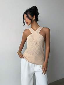 Selianne Elegant Casual Loose Comfortable Apricot Criss-Cross Diamond Pattern Knit Pullover Sweater, Spring/Summer - Apricot - View 5