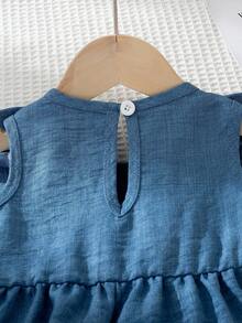 1pc Baby Girls' Summer New Round Neck Ruffle Front White Bow Decor Simple Versatile  Design Casual Cute Dress - Blue - View 6
