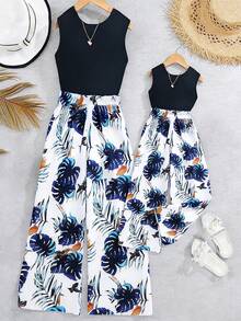 Tween Girl Navy Blue Round Neck Tank Top And Wide Leg Pants Set With Monstera Leaf Print, Summer Vacation Style
