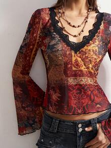 Bohemela Casual Knit Mesh Patchwork Lace V-Neck Flare Sleeve Fitted Cropped Women Top - Mocha Brown - View 2