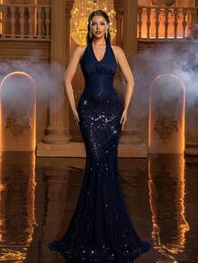 Glamrae 优雅奢华露肩V领手工褶皱流苏下摆修身连衣裙，适合宴会、盛会、商务活动、私人派对、生日、节日、婚礼和其他正式场合。 - 藏蓝色 - 查看 4