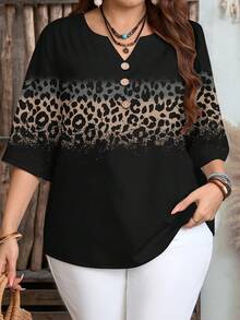EMERY ROSE Plus Size Women Casual Leopard Print Patchwork Short Sleeve Shirt, Suitable For Summer - Multicolor - View 1