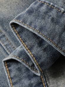 DAZY 西部牛仔复古做旧宽松领刺绣长袖直筒迷你裙休闲街头秋冬女装牛仔套装 Y2k - 藍色 - 查看 8