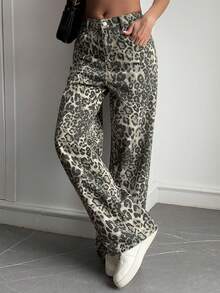 Livesso Jeans de talle alto con estampado de leopardo para mujer, otoño/invierno