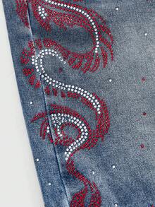 ROMWE MEN Street Life Men's Loose Fit Rhinestone Dragon Denim Shorts Spring/Summer - Blue - View 2