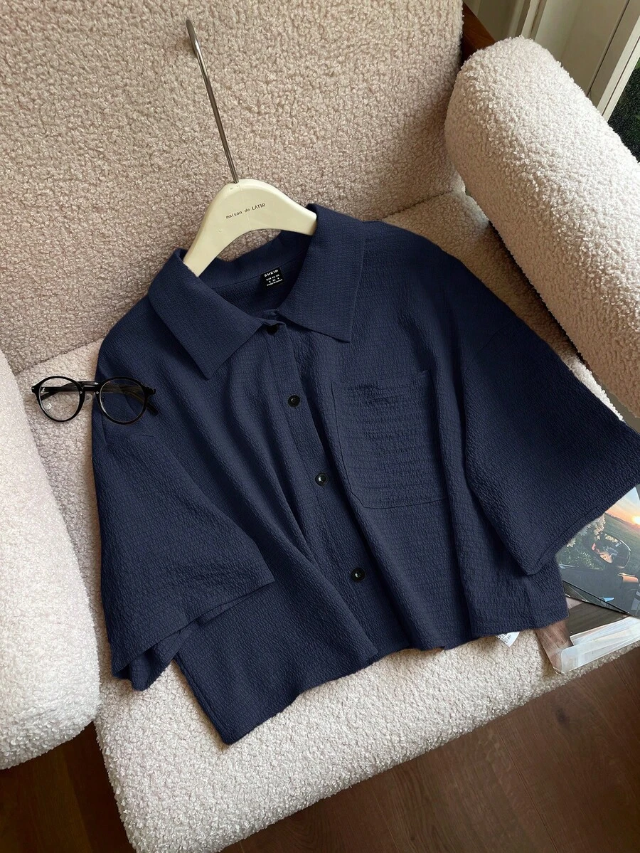 SHEIN EZwear Summer Drop Shoulder Pocket Patched Shirt Without Cami Top - Navy Blue - View 1