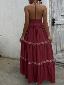 SHEIN EZwear 酒红色梭织休闲度假刺绣吊带连衣裙，女士，春夏款 - 酒紅色 - 查看 2