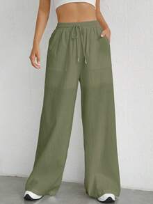 SHEIN EZwear 女士梭织休闲阔腿裤，春夏款 - 軍綠色 - 查看 3