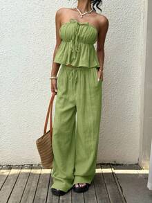 SHEIN EZwear Áo croptop ống rộng buộc dây, gấu quần nhún bèo và quần ống rộng dành cho nữ - trang phục thường ngày thoải mái khi đi nghỉ mát. - Màu xanh chanh - Xem 4