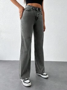 EURMUSE 100%Cotton Solid Slant Pocket Casual Straight Leg Jeans - Grey - View 5