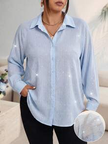 Flirla 大码女士雪纺衬衫领长袖半透明优雅上衣，适合约会、通勤、叠穿，配有蝴蝶结肩带，优雅夏季衬衫，女士纽扣衬衫，蓝色条纹衬衫，浅蓝色衬衫，女士衬衫，优雅女士衬衫和上衣 - 藍色 - 查看 4