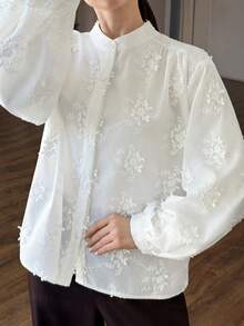 DAZY 纹理面料休闲宽松女式立领衬衫 - 白色 - 查看 6