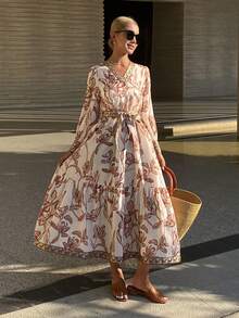 Bohemian Style Floral Print Long Flowy Dress For Women, Spring/Summer Sundress Boho - Apricot - View 3