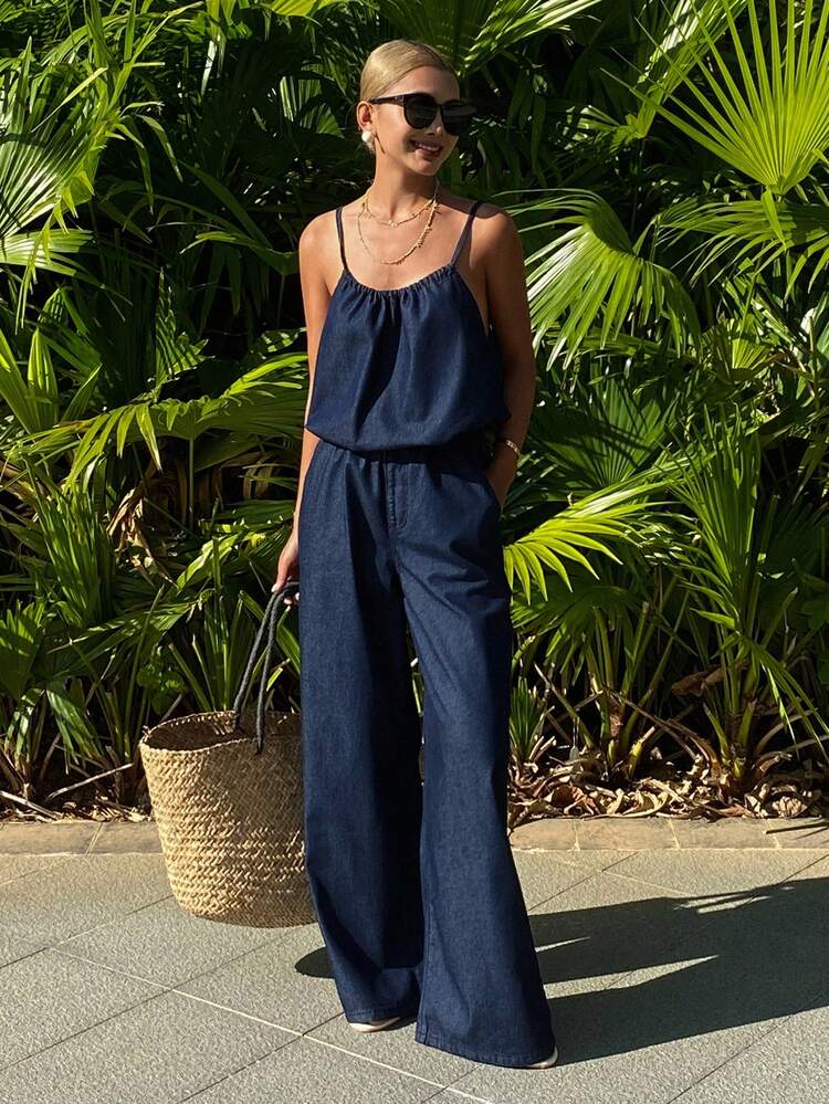Vintage Denim Jumpsuit For Women, Casual Sleeveless Tank Top And Wide Leg Jeans Set Summer