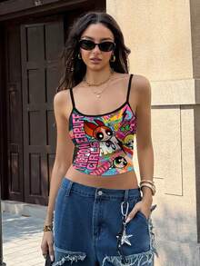 THE POWERPUFF GIRLS X SHEIN Women's Blossom, Bubbles, Buttercup Pattern Fitted Ringer Camisole Top - White - View 5