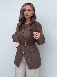 Jeta Ari 女士优雅圆领修身格子粗花呢西装外套，秋冬 - 卡其色 - 查看 1