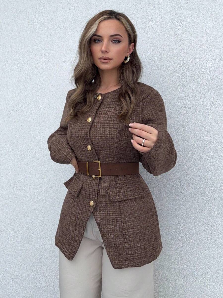 Jeta Ari 女士优雅圆领修身格子粗花呢西装外套，秋冬 - 卡其色 - 查看 1