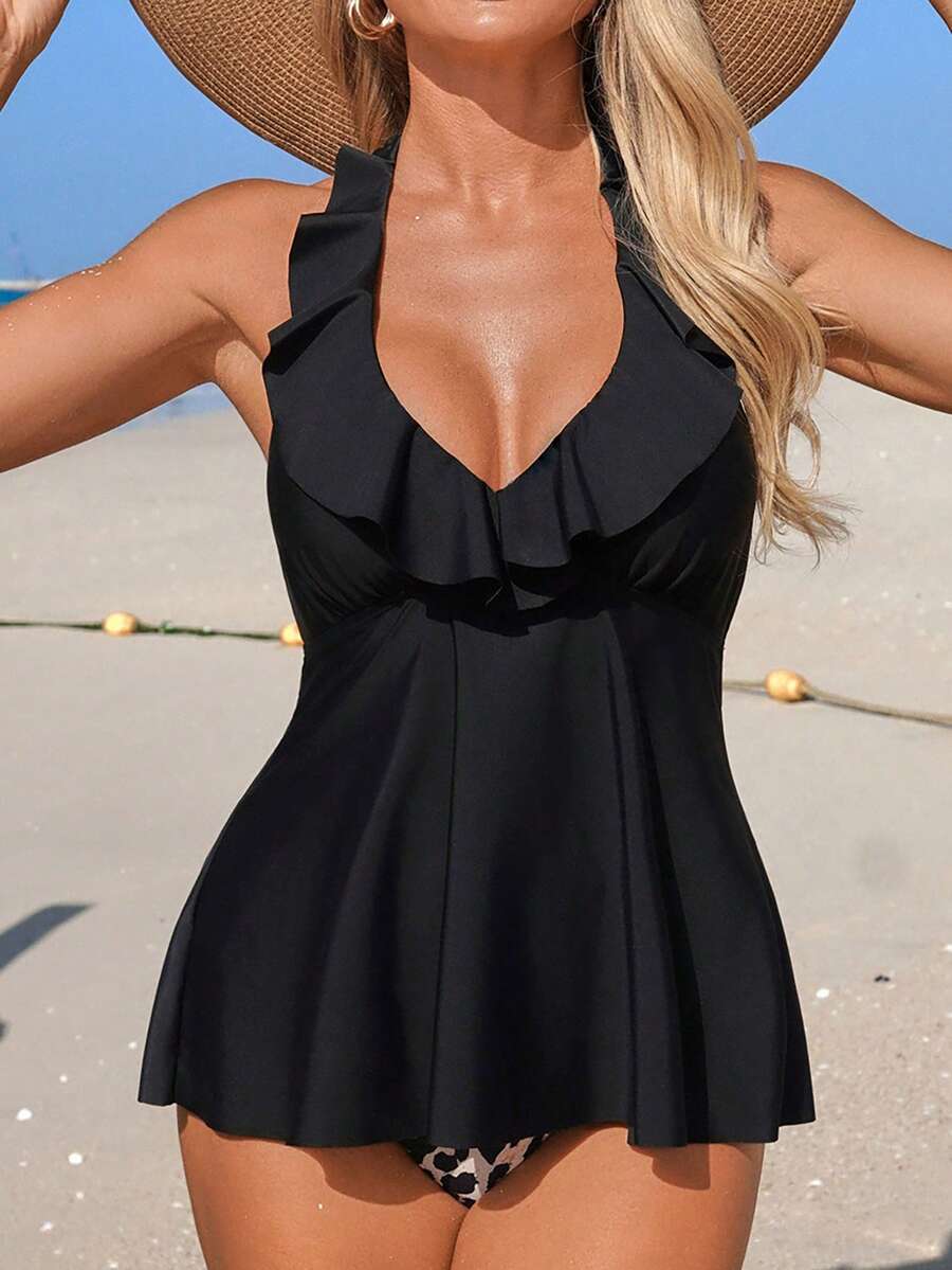 Swim Lushoire 2pcs Mature Ruffled Collar Tankini Top & Leopard Print Triangle Bottoms Swimsuit Set - Multicolor - View 1