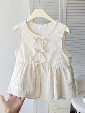 SHEIN Tween Girls' Casual Everyday Vacation Textured Bow Front Crop Top