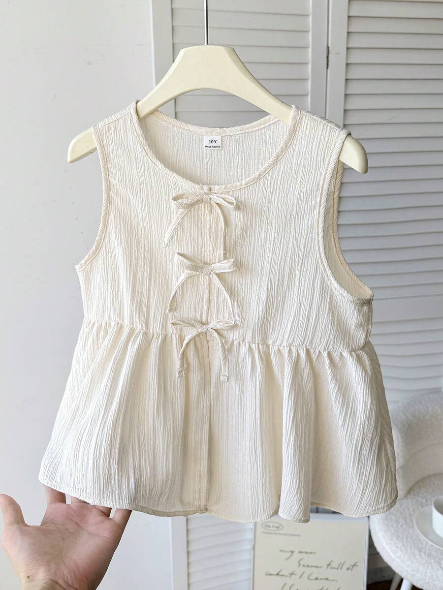 SHEIN Tween Girls' Casual Everyday Vacation Textured Bow Front Crop Top - Navy Blue - View 1