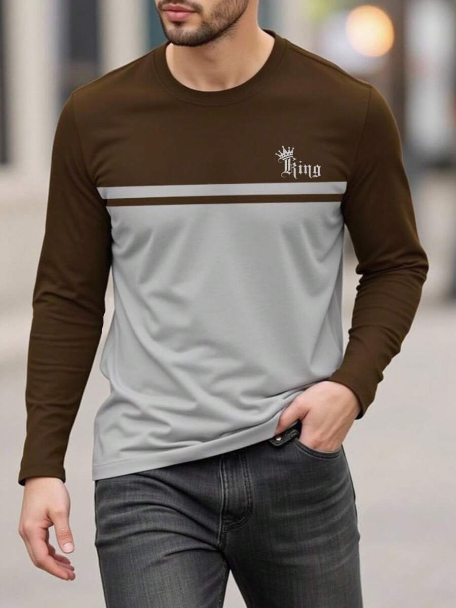 Manfinity Homme 男士字母皇冠印花圆领长袖休闲T恤 - 彩色 - 查看 1