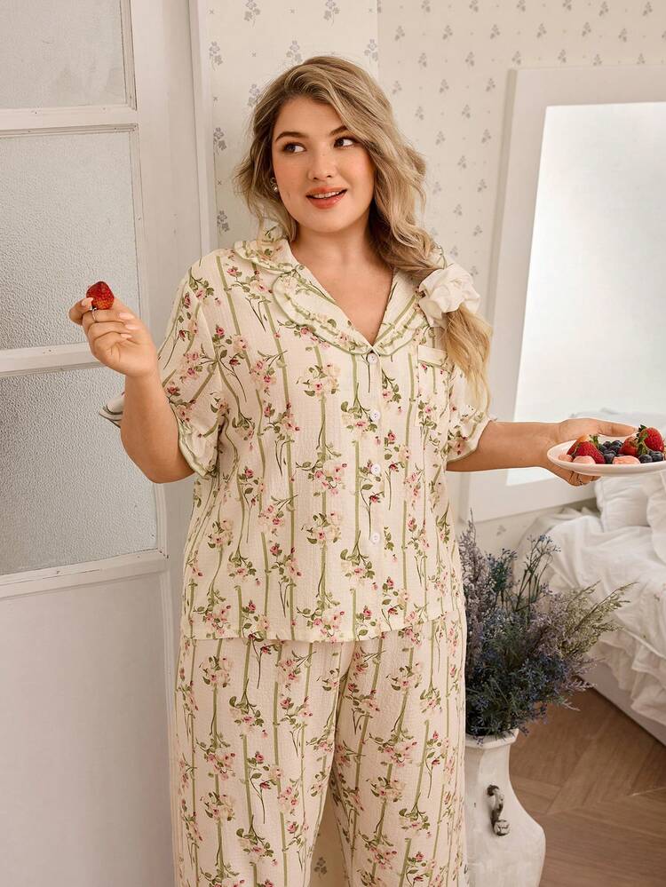 CottageSlumber Striped & Floral Print Plus Size Women Romantic Ruffle Collar Short Sleeve Pajama Set Plus Size Pajama Set - Apricot - View 4