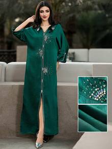 Layrah Green Satin Handmade Beaded Arabian Robe Robe
