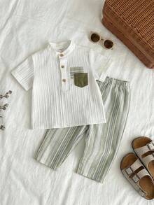 SHEIN 两件套婴儿/男婴/女婴套装 - 白色立领短袖衬衫上衣和卡其色条纹裤，舒适休闲时尚，日常百搭，适合春夏秋冬四季，室内外皆宜，可用于日常穿着、运动、派对、拍照、节日、圣诞节、新年等场合。 - 卡其色 - 查看 9