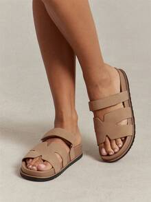 SHUZIA Faux Leather Cutout Design Taupe Pu Detailing Slip On Sandals - Beige - View 4