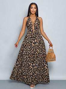 SOLERSUN Women's New Season Leopard Print Halter V-Neck Vacation Holiday Beach Criss Cross Tie Backless Maxi Dress, Spring/Summer (Random Floral) - Brown - View 5