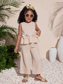 少女休闲度假风纹理圆领吊带背心配蝴蝶结和直筒裤套装 - 杏色 - 查看 4