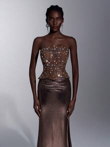 Elitara Saia Sereia Elegante e Luxuosa de Renda com Paetês e Contas, Revestida Elasticamente, Adequada para Casamentos, Festas, Férias, Bailes, Ocasiões Formais - Café - Visão 7