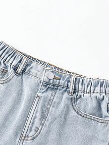 Shorts vaqueros casuales para niñas preadolescentes con diseño de bolsillo con forma de corazón, shorts de jeans lavados de moda - Azul - Ver 5