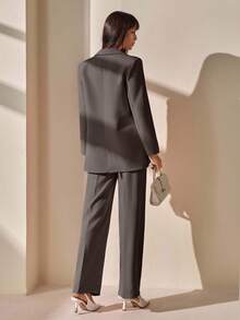 CLARA VERO Blazer With Single Button Closure And Flap Pockets, Paired With Matching High-Waist Trousers, Elegant Two Pieces Suit Set - Grey - View 2
